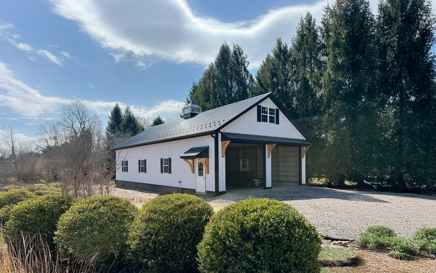 30x60 white garage pole barn in warminster pa with two garages