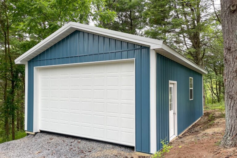 Blue Pole Barn with white Garage in Saylorsburg PA