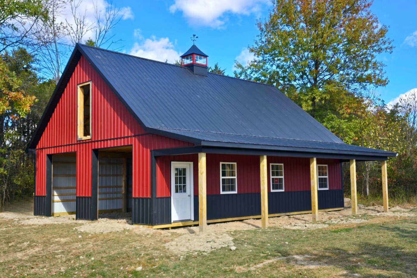 Full view of Red and Black Pole Barn 30x40 Garage in Perkiomenville PA