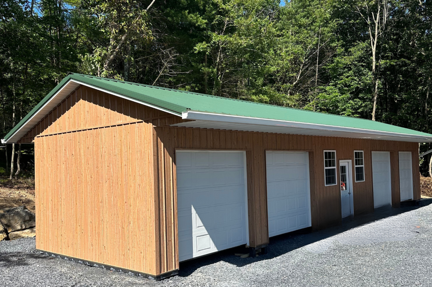 Beige, Green, and white side and Front View of 16x60 Pole Barn Garage Project in Stroudsburg PA